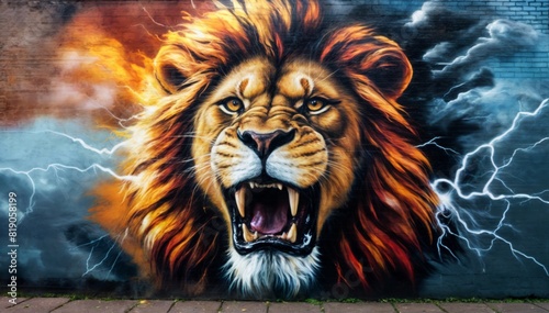 paint roaring tiger on graffiti brick wall