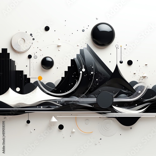 Create design of abstract landscape with black and white geometric shapes, like an alien landscape. Include some small white and orange details. photo