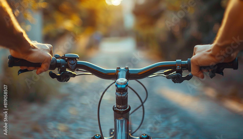 Capture a closeup of a hand gripping a bicycle handlebar close up, focus on grip dynamic Fusion Urban street backdrop