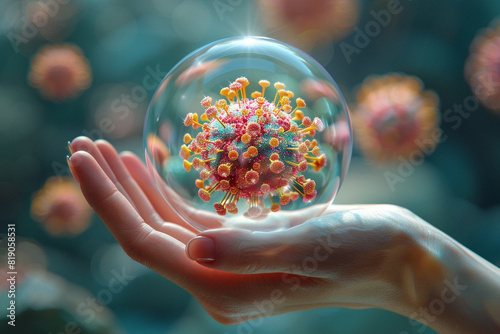 Capture the defense mechanism of the immune system with a hand holding a protective bubble close up, focus on bubble  whimsical  Double exposure  Laboratory backdrop photo