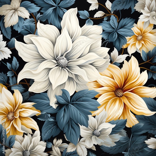 Create a seamless repeating pattern of large-scale realistic dahlias with style in a dark background