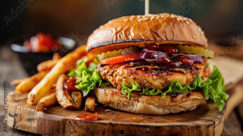 Delicious-looking chicken burger with fries. The main focus is on a chicken burger that is placed on a rustic wooden board.