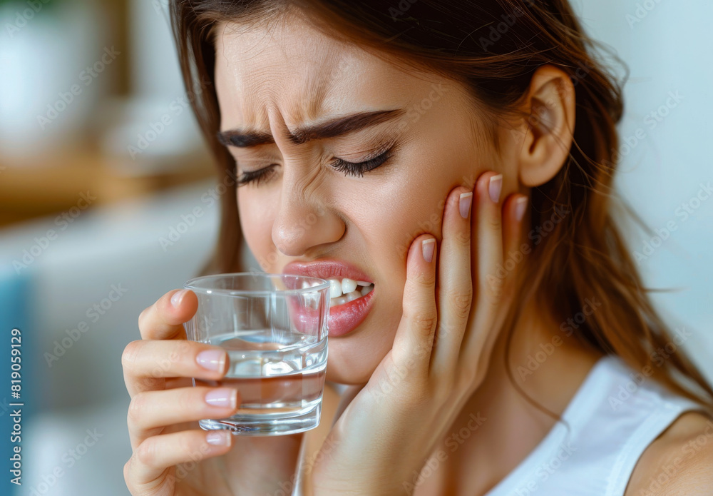 Woman holding glass of water and suffering from toothache Woman holding glass of water and suffering from toothache