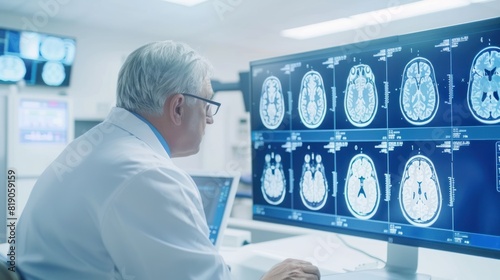 Doctor Analyzing Brain Scans on Monitors - A senior doctor in a white coat examining detailed brain scans on multiple computer monitors in a modern medical facility.