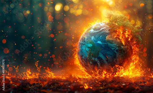 Planet Earth is burning in the forest at night. Ecological catastrophe. © Анна Терелюк