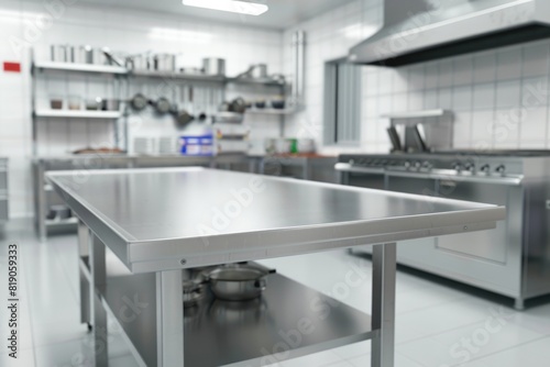 Design of a professional kitchen for a restaurant or cafe. Metal table. Kitchen equipment for catering. Cooking space