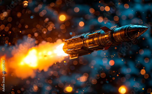 Rocket flies through the space with fire and sparks photo