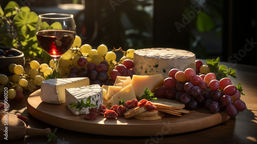 Vin rouge et blanc en verre, accompagné de fromage et salade. Repas délicieux et sain pour bon vivant. Bistro, table garnie, déjeuner ou dîner frais avec viande et fruits.