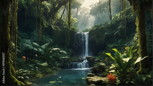 Natural wallpaper  a mystical jungle with river and waterfalls of landscape