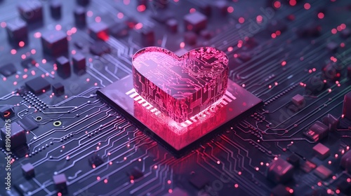 A 3D Circuit Board Heart Shape On A Computer Motherboard.