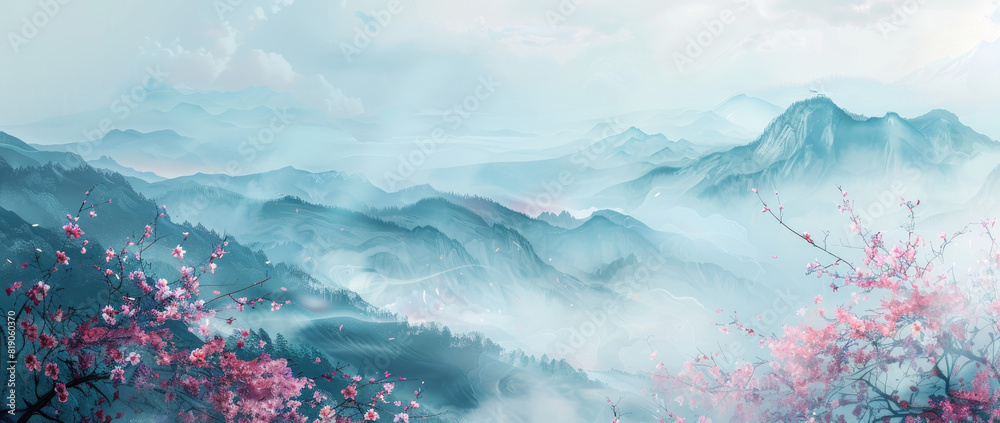 A misty mountain range with pink cherry blossoms in the foreground