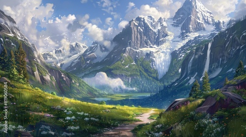 Digital painting of a mountain landscape with a path in the foreground