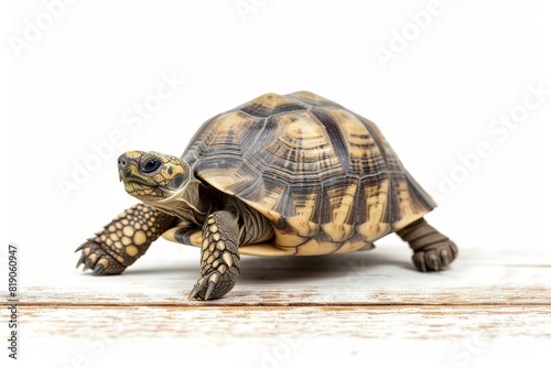 Russian Tortoise Slow Stroll: Capture the slow and deliberate stroll of a Russian Tortoise. photo on white isolated background