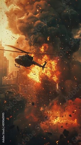 A Helicopter   a explosion in general shot the city is in war  future  a ciberpunk edge war soldiers  with armours with natural ligth Vision3 500T Color Negative 52197219 on 16 mm