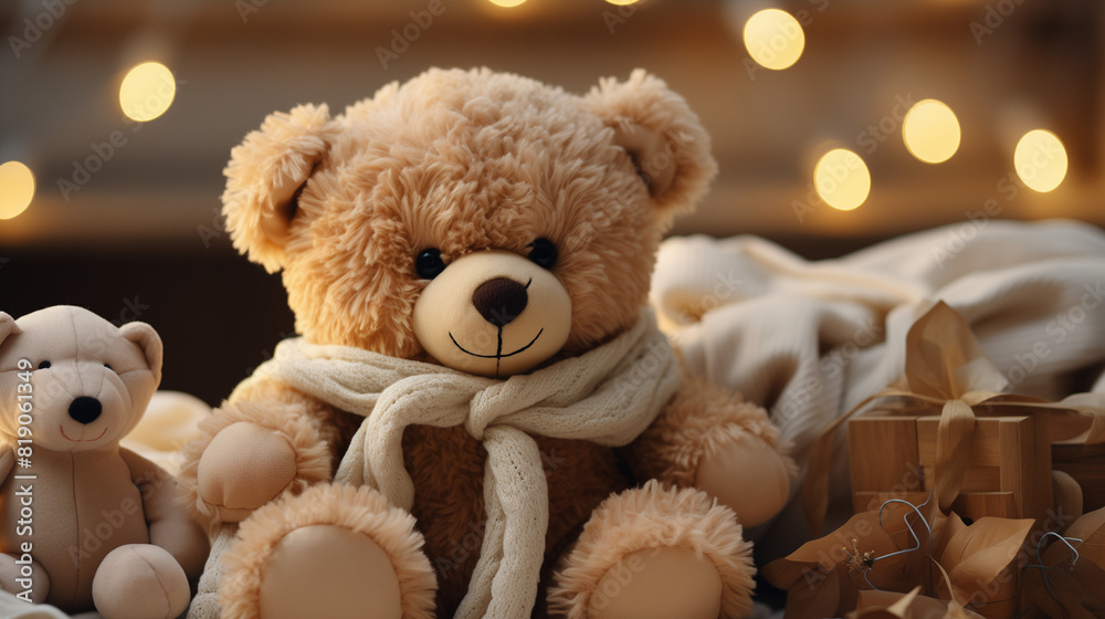 Ours en peluche brun, jouet doux et duveteux, isolé. Nounours de Noël avec cœur rouge, cadeau pour enfant. Fourrure moelleuse, assis, parfait pour un câlin pendant les vacances.