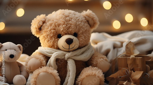 Ours en peluche brun, jouet doux et duveteux, isolé. Nounours de Noël avec cœur rouge, cadeau pour enfant. Fourrure moelleuse, assis, parfait pour un câlin pendant les vacances. photo