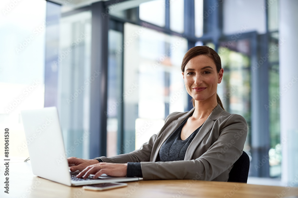 Laptop, portrait and business woman typing email, information or research company in Italy. Face, secretary and professional entrepreneur on computer, employee or confident receptionist in workplace Laptop, portrait and business woman typing email, information or research company in Italy. Face, secretary and professional entrepreneur on computer, employee or confident receptionist in workplace