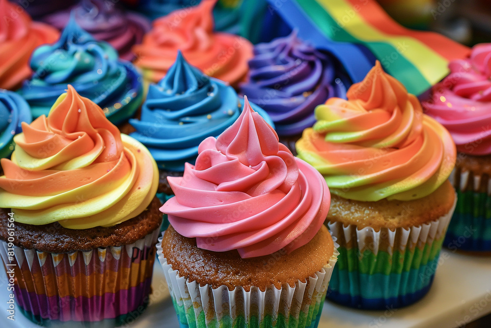 A creative display of pride-themed cupcakes with icing in LGBTQ flag colors