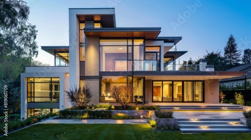 A contemporary luxury home exterior at dusk, showcasing illuminated interiors, large windows, and a well-manicured lawn