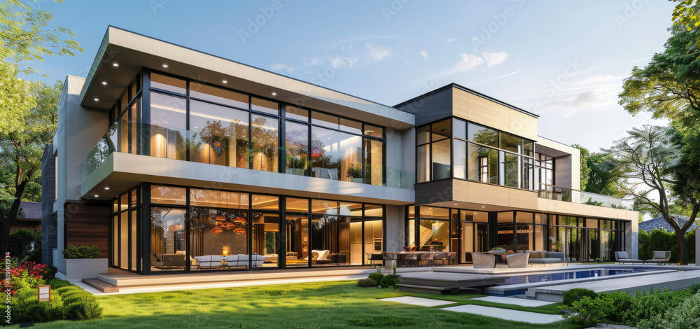 exterior shows a symmetrical design with large glass windows and white stucco walls on both sides of the entrance door