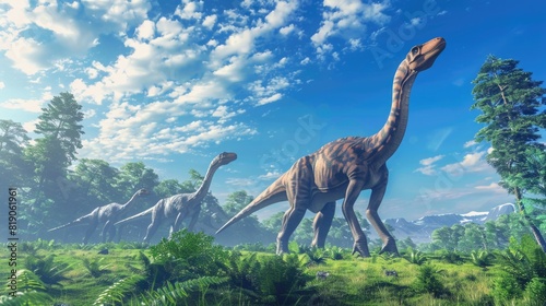 Dinosaurs in the Triassic period age in the green grass land and blue sky background.