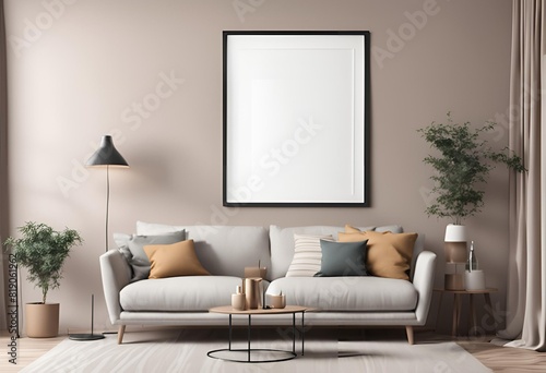 Get ISO A paper size frame mock up for living room wall poster  featuring modern interior design with house background in 3D render.