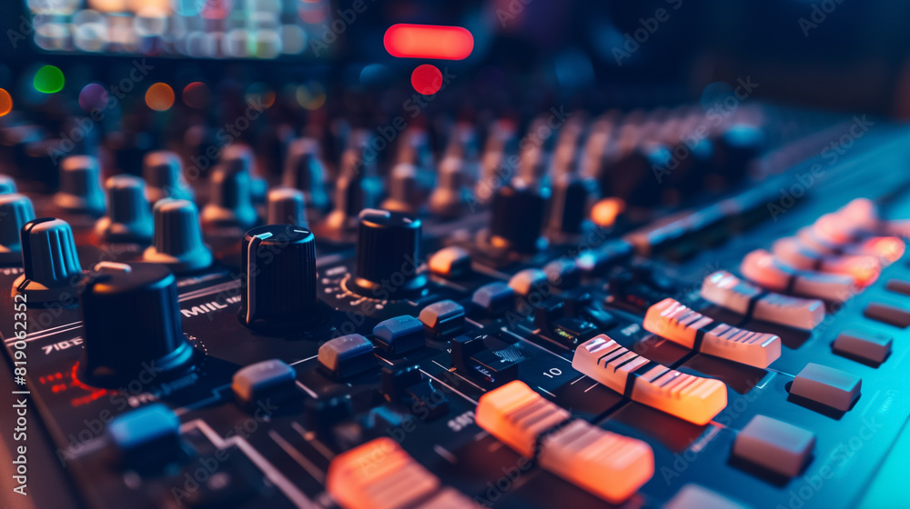 Fototapeta premium Sound mixer board with glowing lights and numerous controls, showcasing advanced audio technology and professional recording gear.