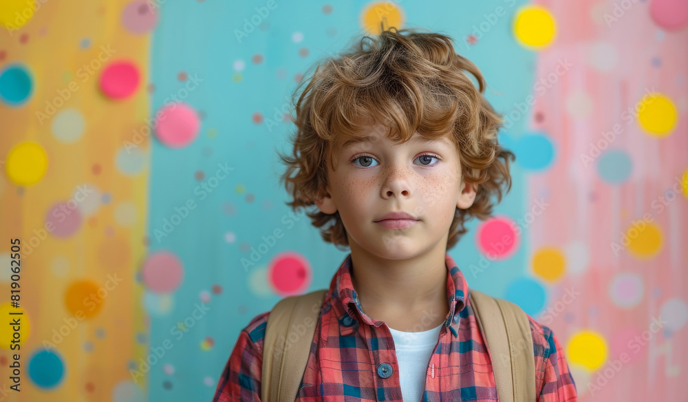 Young boy stands in front of colorful wall. Young boy stands in front of colorful wall.
