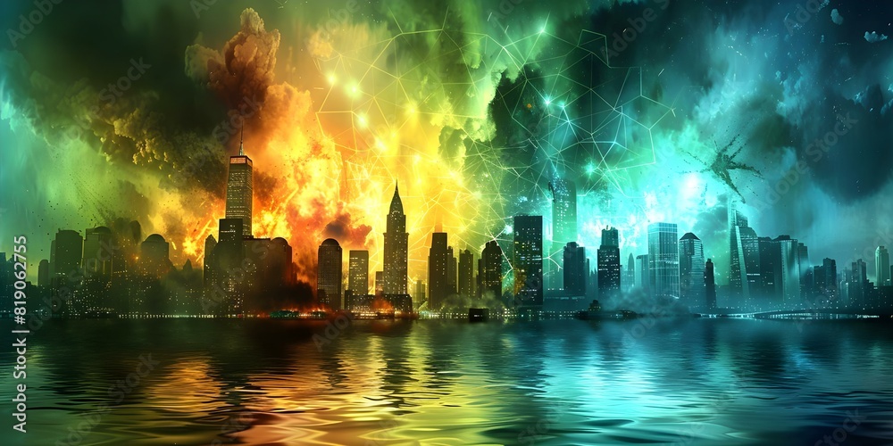 Explosive city skyline art with apocalyptic theme and digital neural network style. Concept City Skylines, Apocalyptic Theme, Digital Art, Neural Network Style, Explosive Design