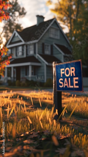 A rustic for-sale sign in the foreground with a charming house in the background bathed in the warm light of sunset