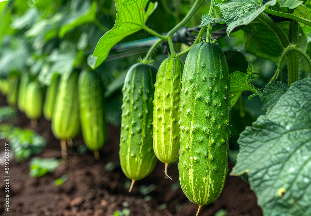 Cucumbers growing in greenhouse. The cucumber plant is covered with green leaves Cucumbers growing in greenhouse. The cucumber plant is covered with green leaves