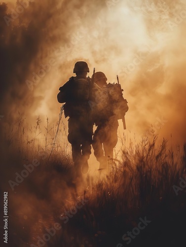 background wallpaper in style of modern warefare with two soldiers where one of them try to help the other soldier photo