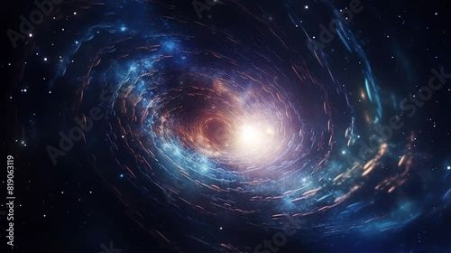 black hole at the outer space, around the black hole there is blue and gold light of outer space