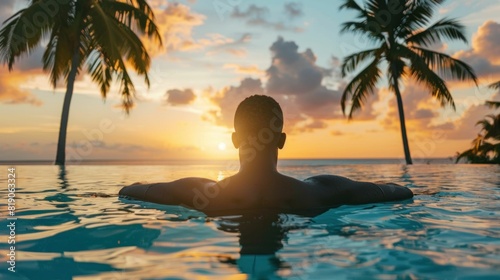Man relaxing in swimming pool at sunset with palm trees in background tropical vacation paradise beauty and relaxation in nature