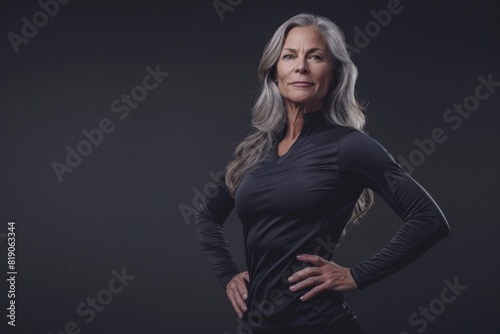 Mid age woman standing behind a flat background