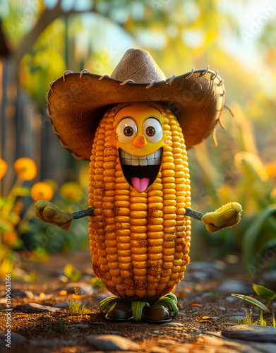 Corn cob is wearing cowboy hat and big smile