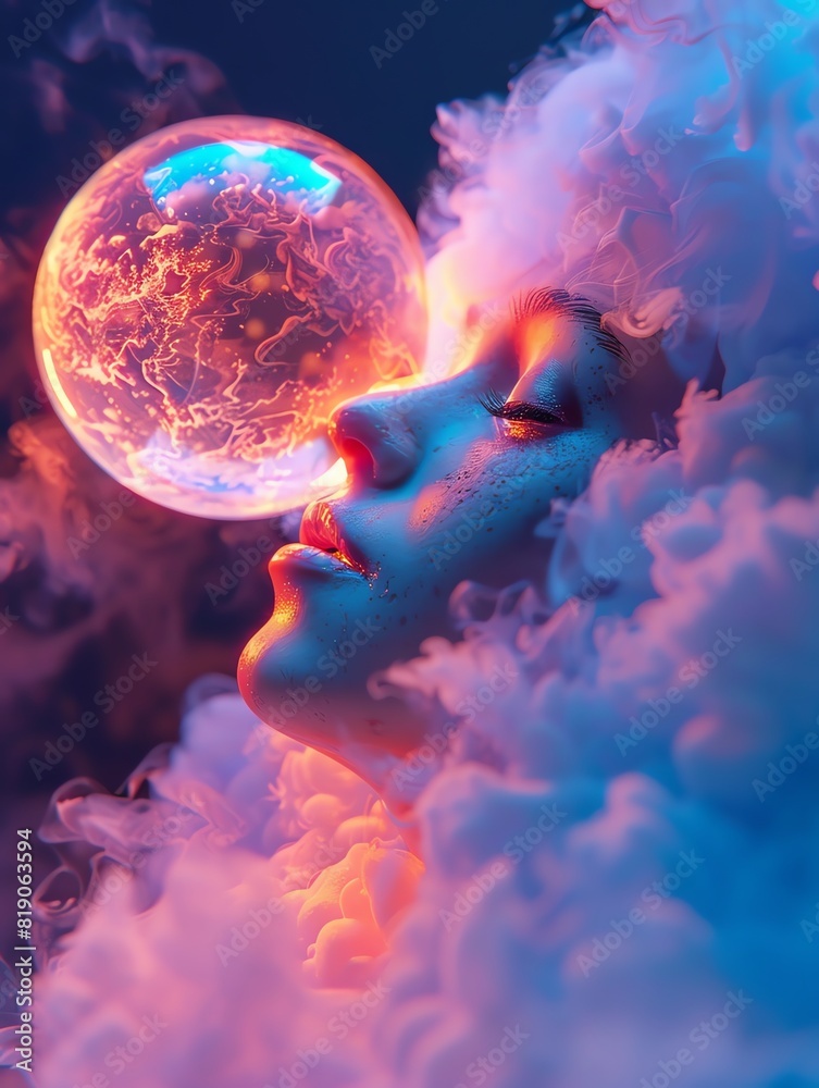 Naklejka premium Surreal portrait of a woman in vibrant clouds and mystical lighting with a glowing bubble, evoking dreamlike fantasies and ethereal beauty.