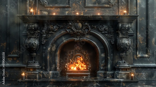 Luxurious vintage fireplace with intricate carvings and a warm fire, surrounded by candles in a dark, elegant room.