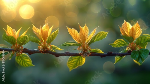 Nature Background Soft-focus branches with shiny  fresh foliage Illustration image 