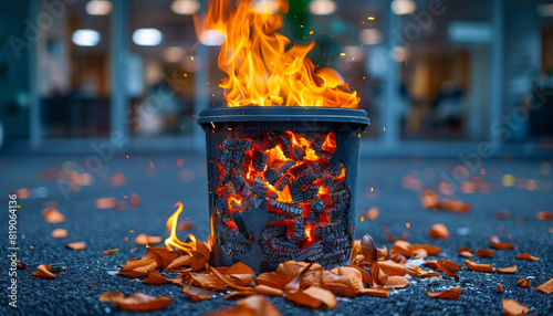 Burning trash can is on the street. A black plastic bin on fire in an office