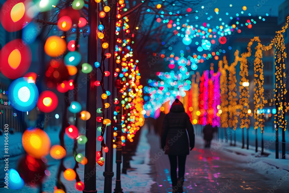 A person walking down a street covered in christmas lights A person walking down a street covered in christmas lights