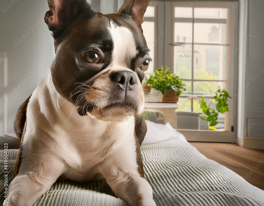 boston terrier dog on a bed with window