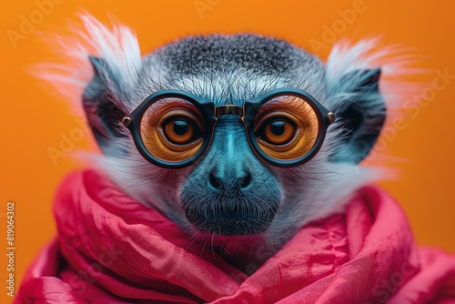 Fashionable monkey wearing glasses and a stylish pink scarf against an orange background. Adorable and quirky animal portrait.
