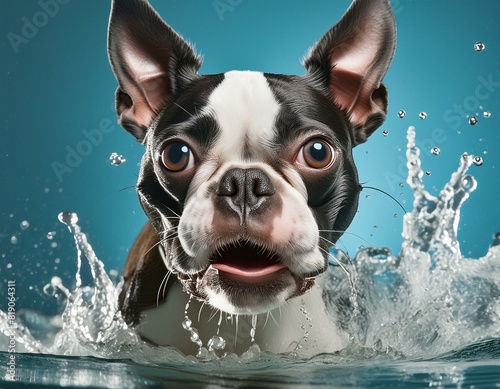 boston terrier dog splashing water