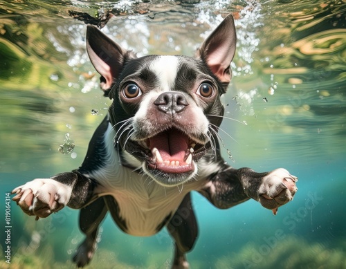 boston terrier dog under water mouth open big eyes