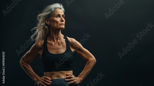 Mid age woman standing behind a flat background