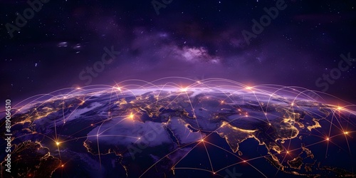 Golden Lines Connecting Continents and Cities: Illuminating the Night World Map. Concept Night Travel, Golden Lines, Global Connections, City Lights, World Map