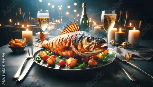 scenic view of cooked king fish, cooked mackerel fish, , champagne