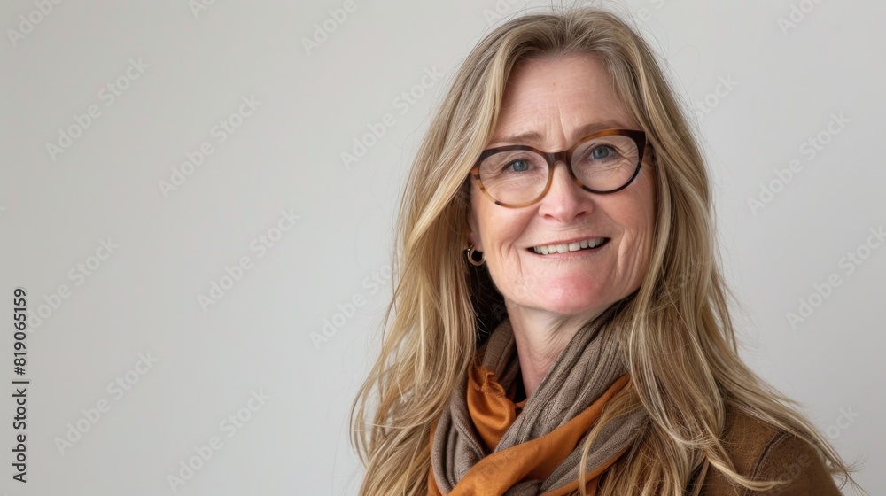 Mid age woman standing behind a flat background