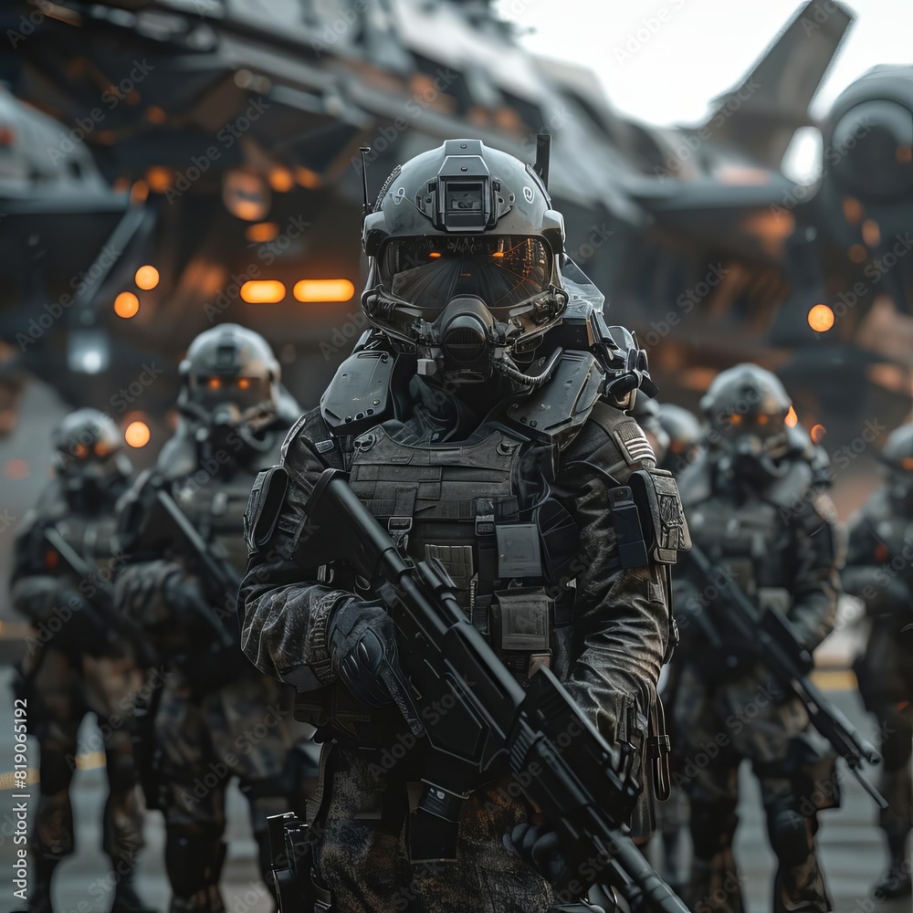 futuristic military platoon portrait taken in front of dropship, wide angle, large field of view, hyper realistic, 8k, hdr, realistic lighting, realistic skin tone, futuristic military platoon portrait taken in front of dropship, wide angle, large field of view, hyper realistic, 8k, hdr, realistic lighting, realistic skin tone,